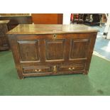 A Small Early Oak Three Panel Mule Chest with Two Base Drawers Having Hinged Lid and Peg Joints