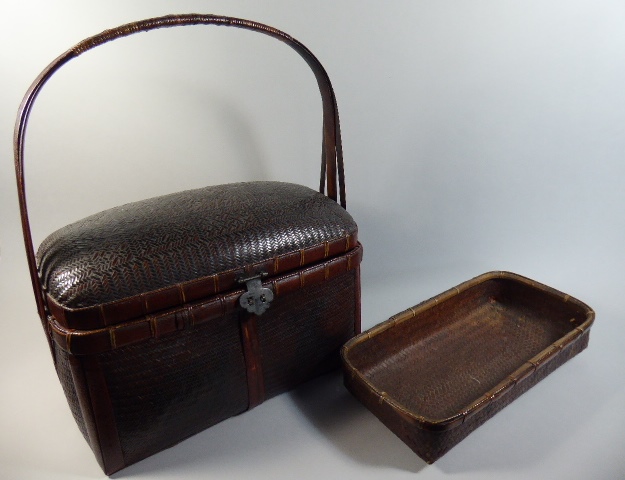 A Vintage Chinese Woven Cane and Bamboo Basket with Ring Hinged Lid and Removable Tray, - Image 2 of 2