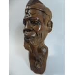 A Mid 20th Century Carved Wood Bust of Gent Smoking Pipe,