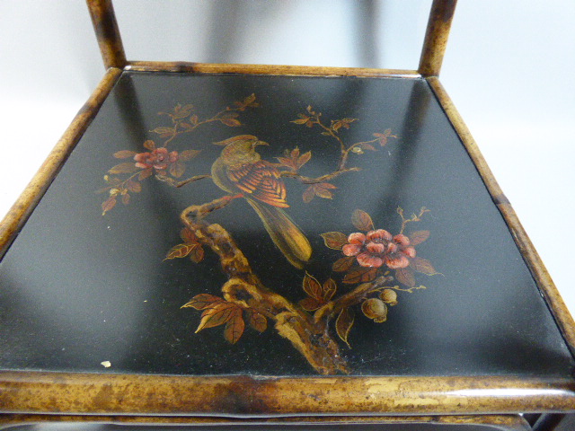 A Chinoiserie Three Tier Bamboo and Lacquer Stand Decorated with Gilt Birds and Trees. - Image 3 of 3