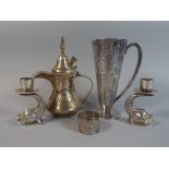 A Collection of Silver Plate to Include Abu Dhabi Coffee Pot, Indian Napkin Ring,