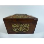 A Regency Brass Inlaid Rosewood Tea Caddy of Sarcophagus Form with Hinged Lid to Fitted Two