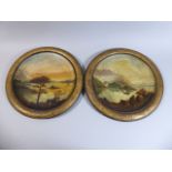 A Pair of Late 19th Century Continental Turned Wooden Panels with Oil Painted Pictures of the