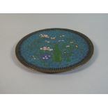 A Chinese Blue Ground Cloisonne Shallow Dish Decorated with Bottle, Tea Pot, Insects and Blossom.