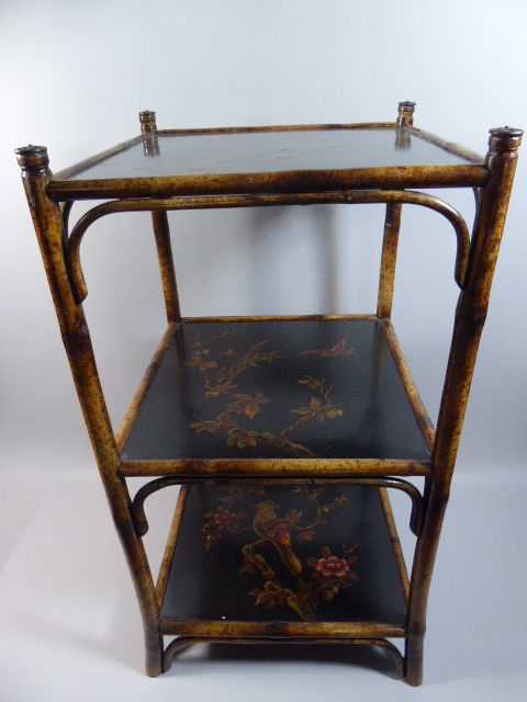 A Chinoiserie Three Tier Bamboo and Lacquer Stand Decorated with Gilt Birds and Trees.