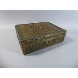 A Rectangular Brass Covered Wooden Box. The Hinged Lid with Tavern Scene in Relief.