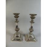 A Good Pair of Large Silver Plated Candlesticks on Square Stepped Bases.