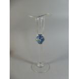 A Hand Blown Jack In the Pulpit Glass Vase with Blue Knop. 20cm High.