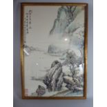 An Oriental Print Depicting Mountains Coming down to the sea, in Gilt Faux Bamboo Frame.
