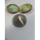 A Cased Mourning Oval Portrait Miniature on Ivory with Lock of Hair Fashioned into a Corn Sheaf