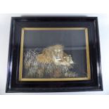 A Framed Late 19th Century/Early 20th Century Japanese Silk Embroidary of Lions in Grass.