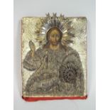 An Early White Eastern European Metal and Gold Metal Wire Decorated Icon with Painted Face and Hand