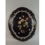 A Victorian Mother of Pearl Inlaid Papier Mache Oval Table Top with Painted Floral Decoration and