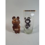 A Russian Moscow Olympics Bear Figure and Glass Tankard with Similar Engraving