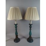 A Pair of Green Patinated Metal Table Lamps