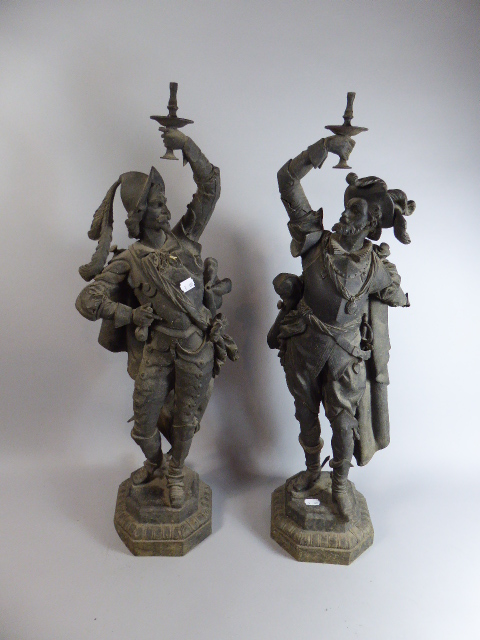 A Pair of Victorian Spelter Figural Gas Lamps in the Form of French Musketeers,
