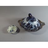 A Victorian Blue and White Lidded Tureen and a Delft Ash Tray