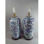 A Pair of Large Oriental Ceramic Table Lamps on Wooden Bases,