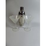 A Silver Plate Cocktail Shaker and Pair of Cocktail Glasses