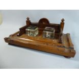 A Victorian Oak Desk Stand with Raised Carved Gallery, Two Glass Ink Wells (Missing Lids), 36.