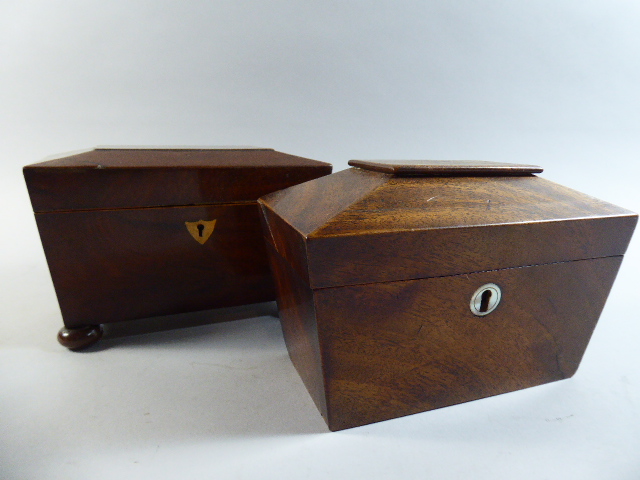 Two Small 19th Century Mahogany Two Division Sarcophagus Tea Caddies One Requiring Feet.