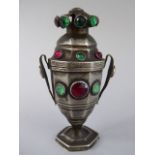 A Jewelled Two Handled Silver Vase with Hinged Base which Opens to Reveal Hallmarks.