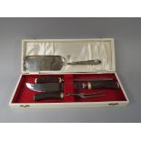 A Cased Horn Handled Carving Set Together with a Silver Plated Crumb Tray