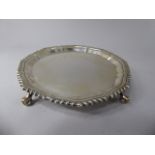 A Silver Card Tray, Rope Style Edging and on Four Scrolled Feet. 15cm Diameter. Birmingham Hallmark.