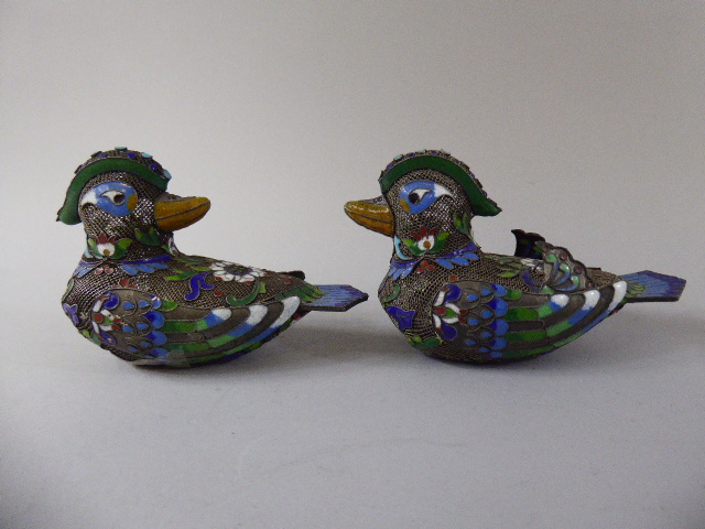 A Pair of Chinese Enamelled White Metal Filigree Models of Ducks. 8. - Image 4 of 4