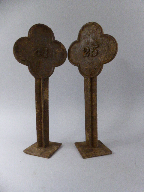 A Pair of 19th Century Cast Iron Grave Markers with Quatrefoil Heads, One Marked 25, the Other 44.
