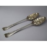 A Pair of Georgian Silver Berry Spoons. 20.5cm Long. 1742, Makers Mark Unclear.