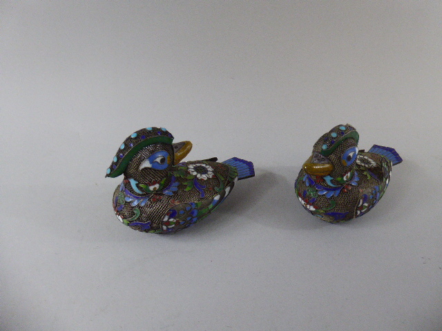 A Pair of Chinese Enamelled White Metal Filigree Models of Ducks. 8. - Image 2 of 4