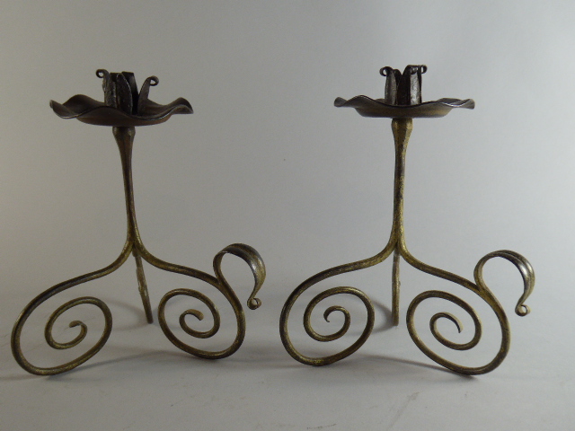 A Pair of Late 19th Century German Arts and Crafts Candlesticks in the style of Hugo Berger Goberg.