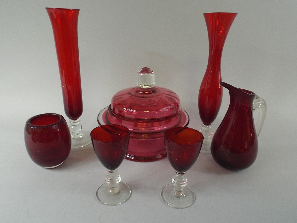 A Collection of Ruby Glass Items and Cranberry Lidded Pot