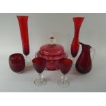 A Collection of Ruby Glass Items and Cranberry Lidded Pot