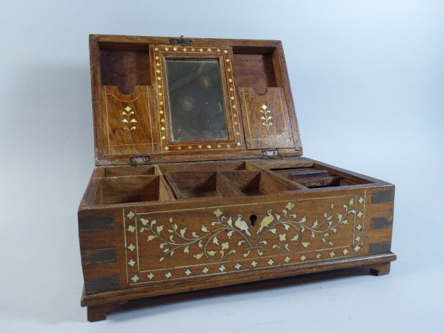 An Anglo Indian Inlaid Teak Work Box with Brass Mounts and Decorated with Birds and Flowers (Circa - Image 2 of 3