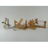 A Collection of Three Japanese Carved Wooden Scenes, Wood Cutting, Sedan Riding Etc,