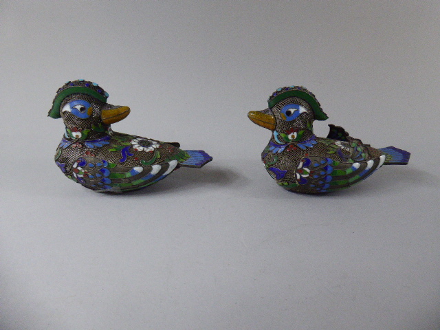 A Pair of Chinese Enamelled White Metal Filigree Models of Ducks. 8.