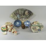 A Collection of Japanese Items to include Two Blue and White Hand Painted Dishes,