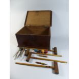 A Late 19th Century Oak Work Box with Carved Decoration Containing a Part Victorian Indoor Croquet