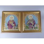 A Pair of Gilt Framed Silk Embroideries of St Stephanus and St Laurentius.