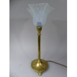 A French Late 19th/ Early 20th Century Brass Table Lamp with Folded and Rubbed Vaseline Glass Shade.