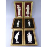 A Collection of Six Framed 19th Century Dieppe Ivory Miniatures Depicting Gents and Ladies