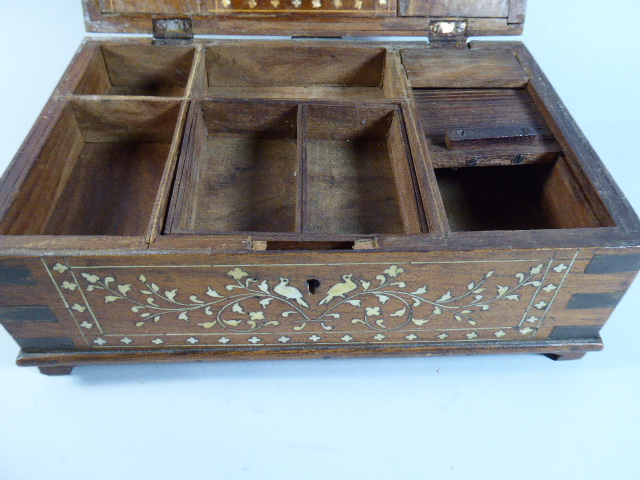 An Anglo Indian Inlaid Teak Work Box with Brass Mounts and Decorated with Birds and Flowers (Circa - Image 3 of 3