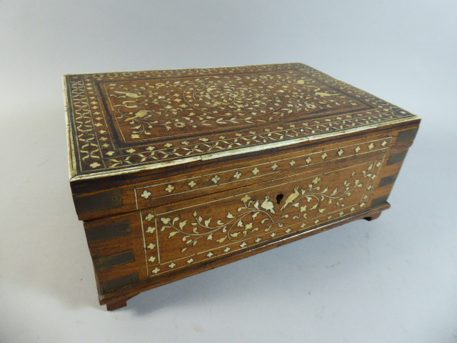 An Anglo Indian Inlaid Teak Work Box with Brass Mounts and Decorated with Birds and Flowers (Circa