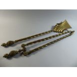 A Pair of 19th Century Gilt Brass Fire Irons with Reeded Finials and Twisted Shafts.