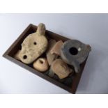 An Oak Tray Containing a Collection of Antiques including Roman Coins, Pottery Shards,