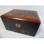 An Oriental Lacquered Work Box with Hinged Lid to Fitted Interior and Two Base Drawers,