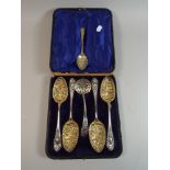 A Cased Set of Five Silver Plated Berry Spoons Together with a Similar Teaspoon