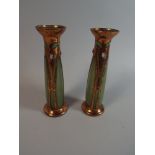 A Pair of Copper Mounted Art Nouveau Green Glass Vases with Jewelled Cabouchons,